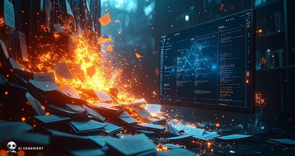 Links ein chaotischer Stapel alter Notizen und Dokumente, der in leuchtende Partikel zerfällt, rechts ein moderner Bildschirm mit einem klaren, vernetzten digitalen Graphen und strukturierten Daten.