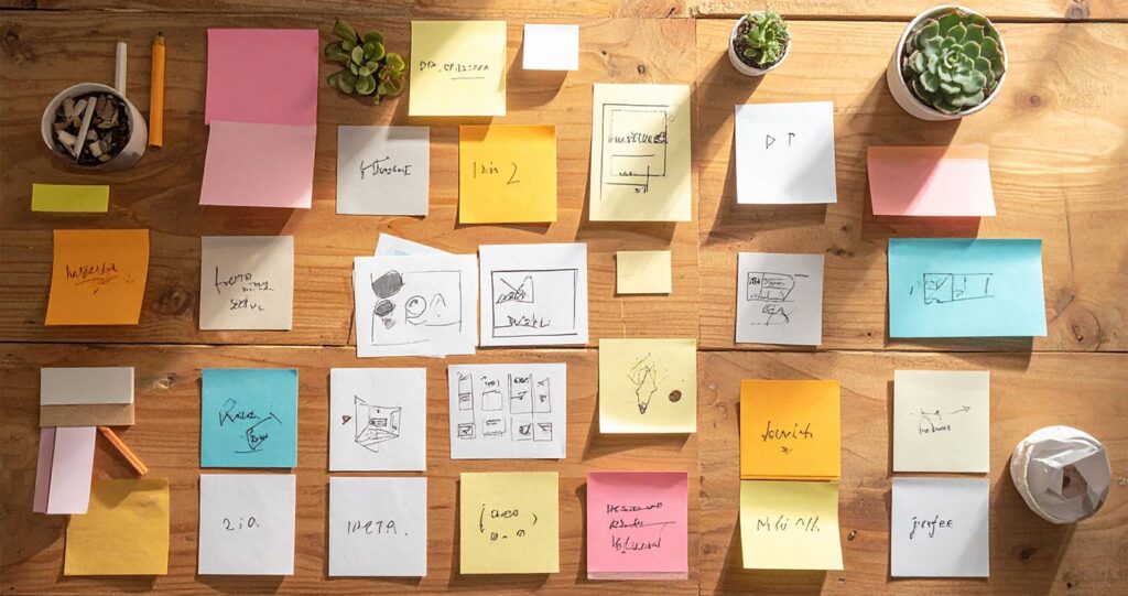 A series of small paper prototypes, sketches, and sticky notes spread across a wooden table — version after version, slightly messy but alive with iteration. Top-down flat lay, warm light, no people.