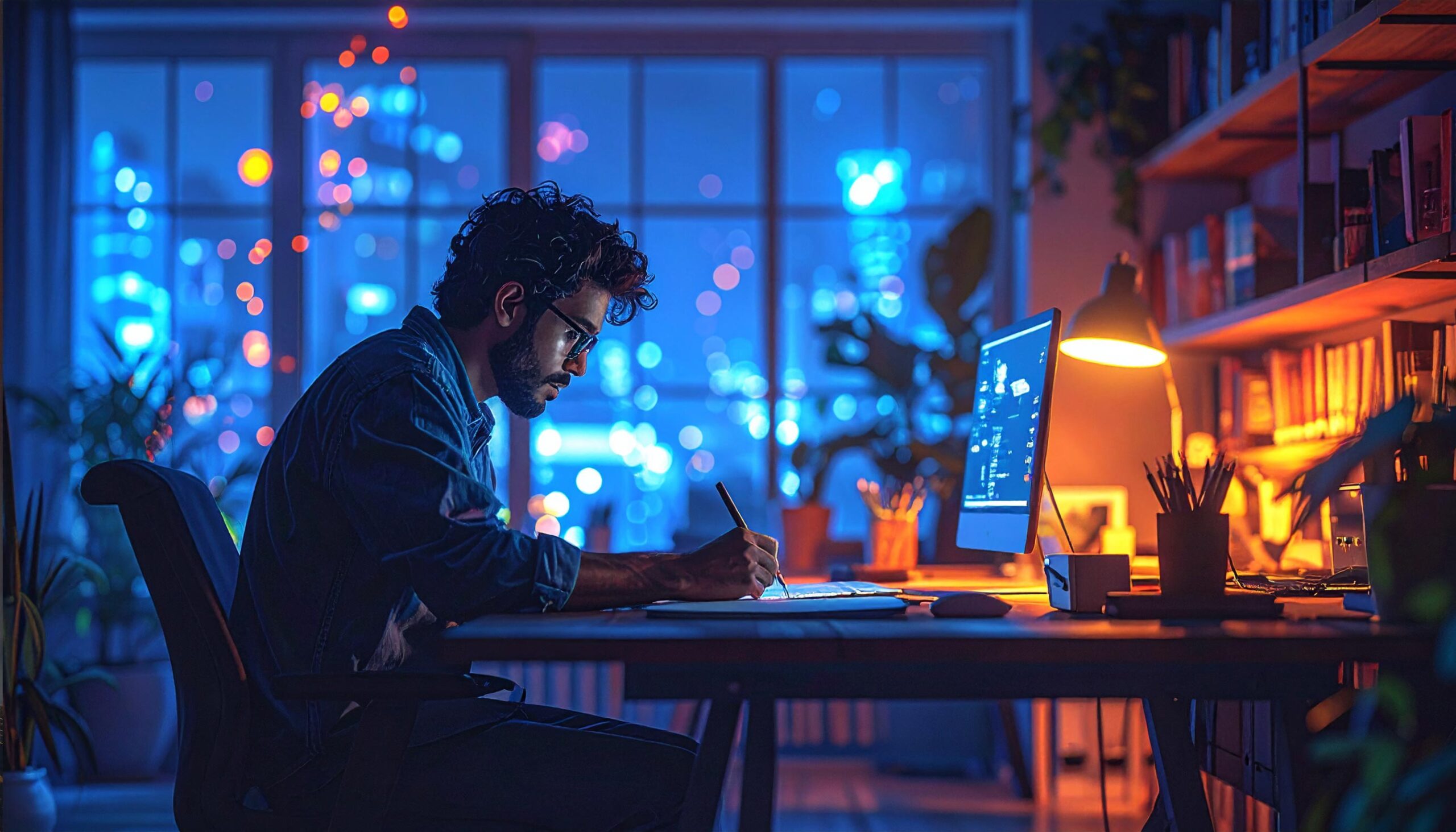 Person am Schreibtisch bei Nacht, umgeben von leuchtenden Bildschirmen – neugierig skizzierend und konzentriert arbeitend